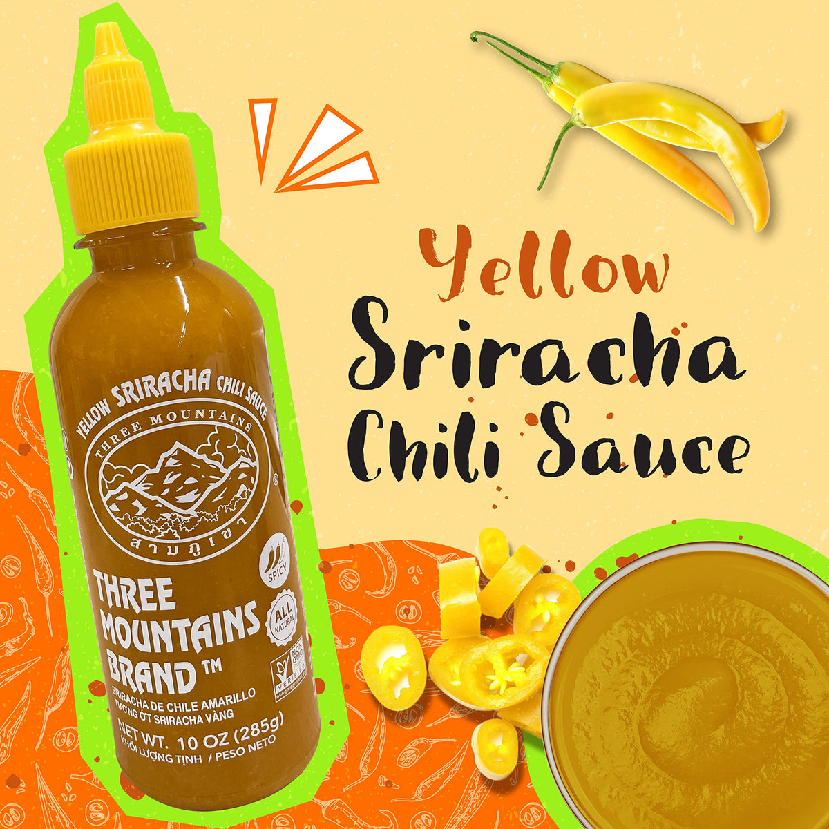 Close-up of Three Mountains Yellow Sriracha ingredients on the label