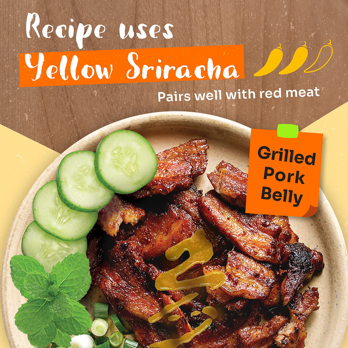 Three Mountains Yellow Sriracha on pantry shelf for quick flavor boosts