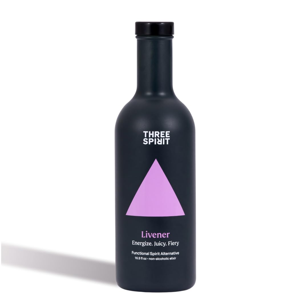 Three Spirit Livener bottle pour highlighting premium botanicals for a vibrant non-alcoholic moment