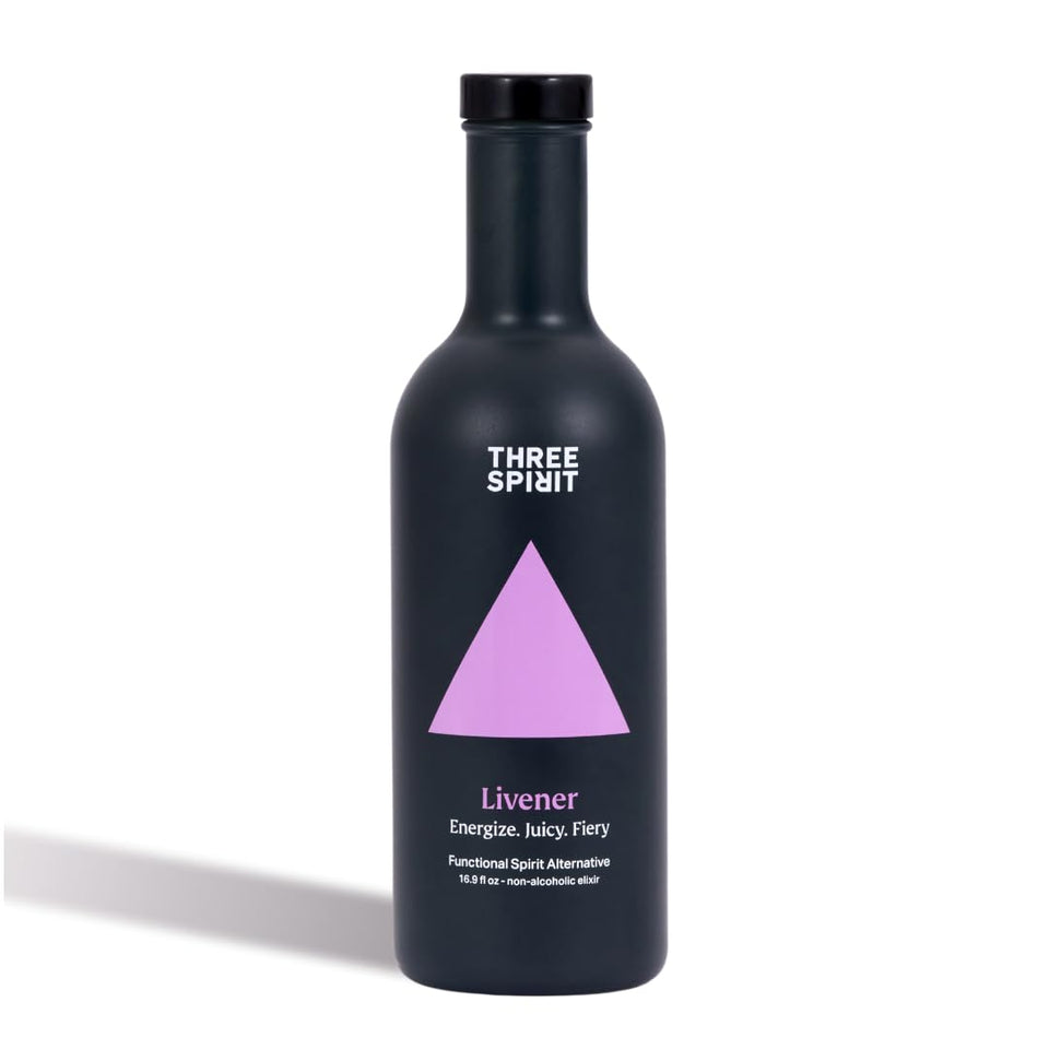 Three Spirit Livener bottle pour highlighting premium botanicals for a vibrant non-alcoholic moment