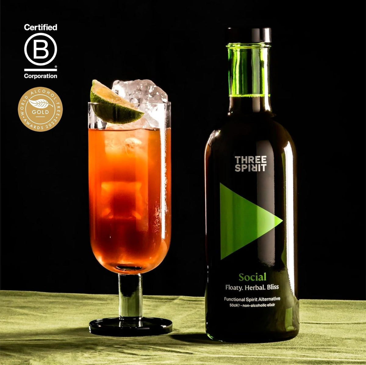 Three Spirit Social Elixir bottle label shows natural ingredients and flavor profile.