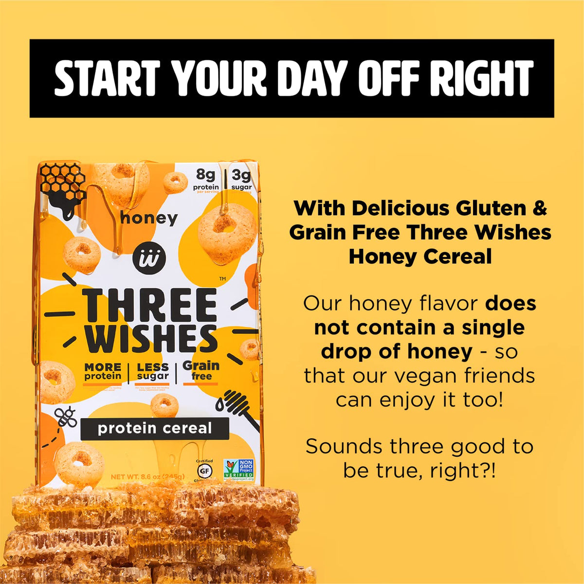 Three Wishes allergen free ingredient closeup highlighting plant protein components