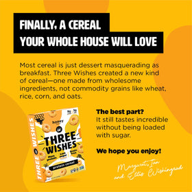 Three Wishes cereal with milk pour showing creamy texture and protein punch