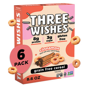 Three Wishes Cinnamon cereal box on counter, gluten-free and vegan breakfast option.