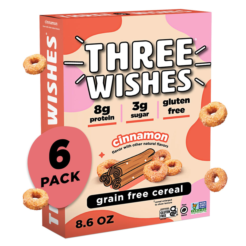 Three Wishes Cinnamon cereal box on counter, gluten-free and vegan breakfast option.