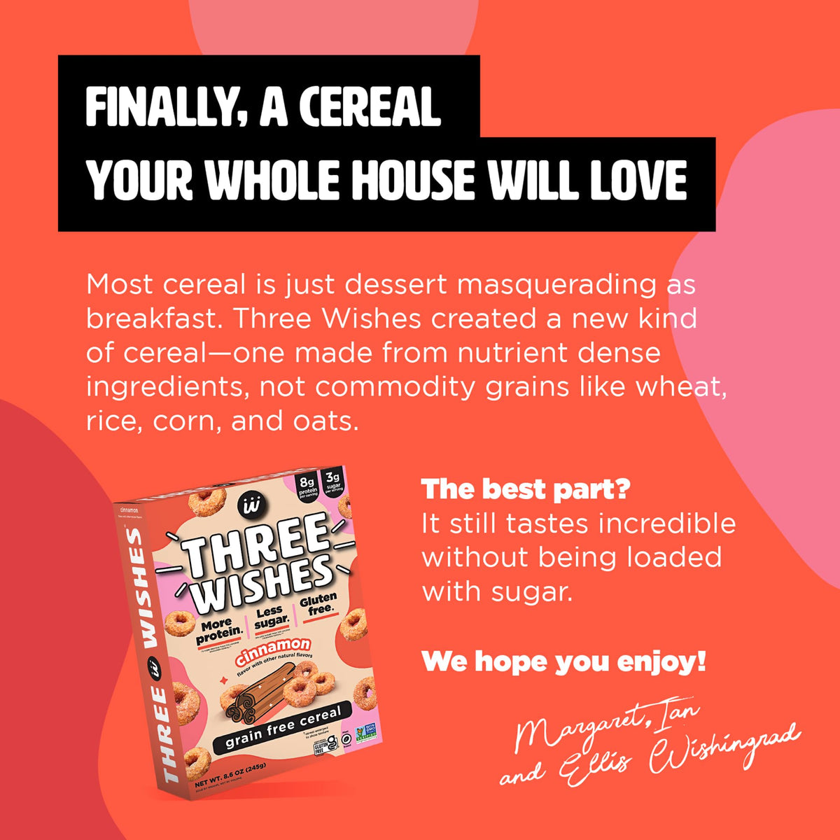 Three Wishes Cinnamon cereal in a cozy kitchen scene, six-pack packaging for family breakfasts.