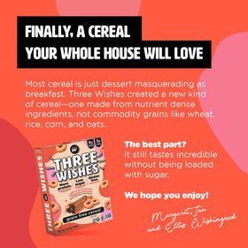 Three Wishes Cinnamon cereal in a cozy kitchen scene, six-pack packaging for family breakfasts.