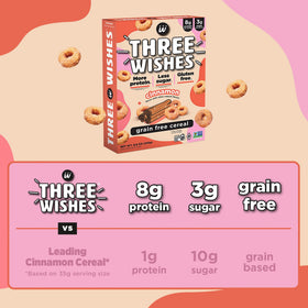 Three Wishes Cinnamon cereal with milk being poured, quick plant-based breakfast.