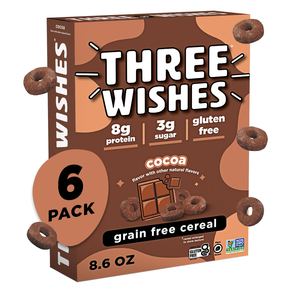 Three Wishes Cocoa cereal box front highlights gluten-free, plant-based ingredients.