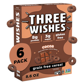 Three Wishes Cocoa cereal box front highlights gluten-free, plant-based ingredients.