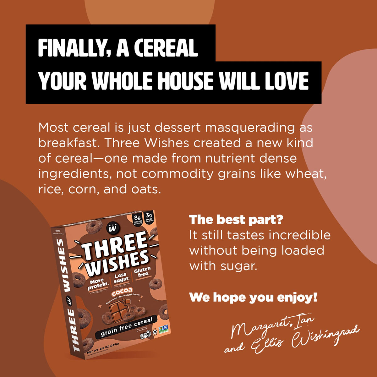 Three Wishes Cocoa cereal box with nutrition highlights 8g protein and 3g sugar.