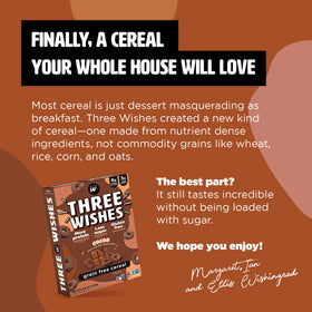 Three Wishes Cocoa cereal box with nutrition highlights 8g protein and 3g sugar.