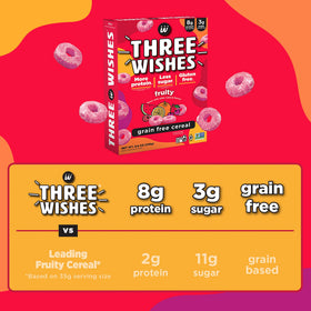 Three Wishes Fruity cereal ingredient panel shows plant-based, non-GMO options.