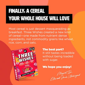 Three Wishes Fruity cereal serving dish suggests a quick balanced morning meal.