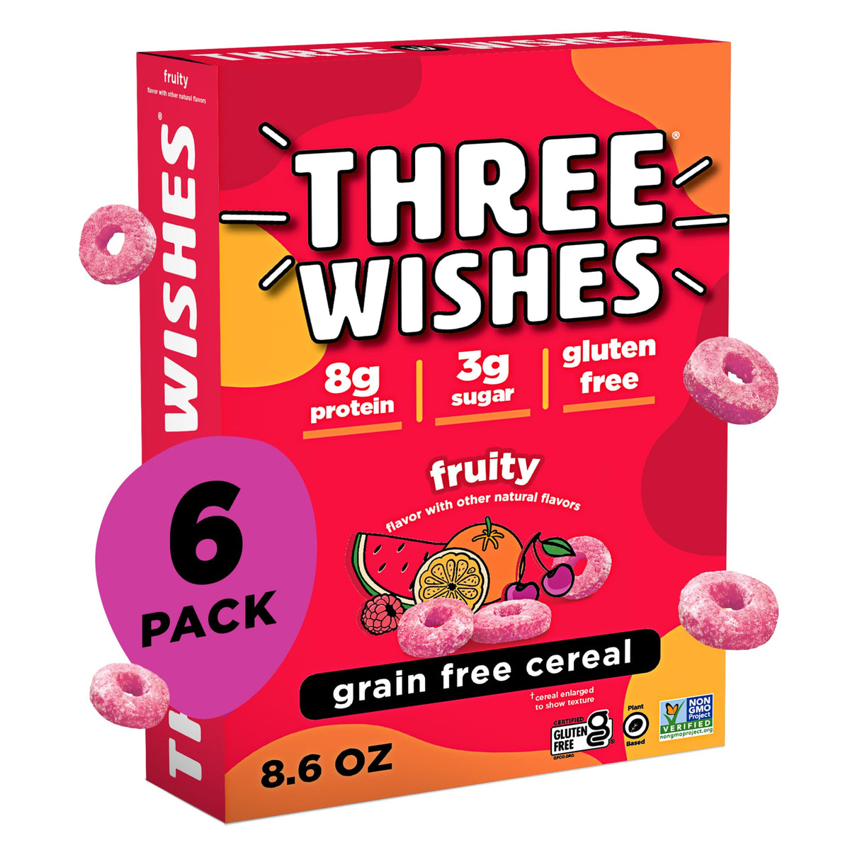 Three Wishes Fruity grain-free protein cereal box highlights a protein-packed breakfast option.