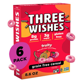 Three Wishes Fruity grain-free protein cereal box highlights a protein-packed breakfast option.