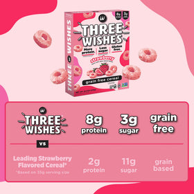 Three Wishes cereal label showing 8g protein per serving.
