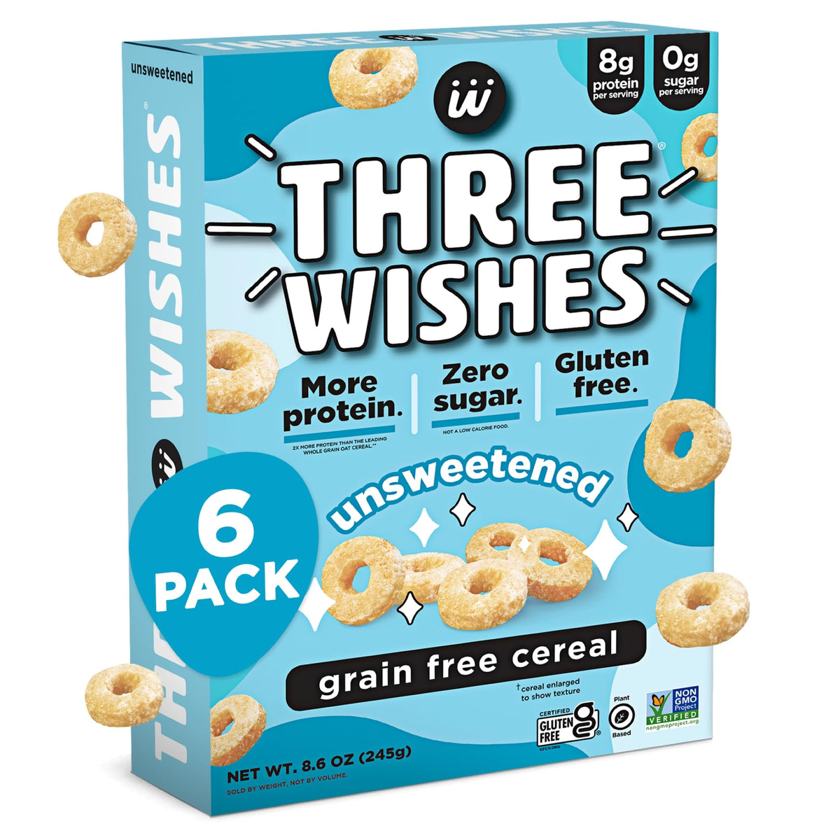 Three Wishes grain-free protein cereal box front highlighting protein-packed breakfast option.