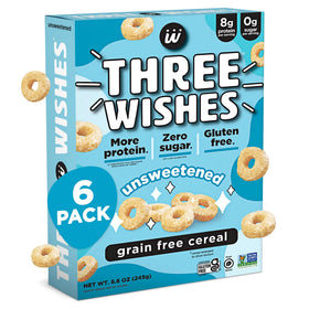 Three Wishes grain-free protein cereal box front highlighting protein-packed breakfast option.