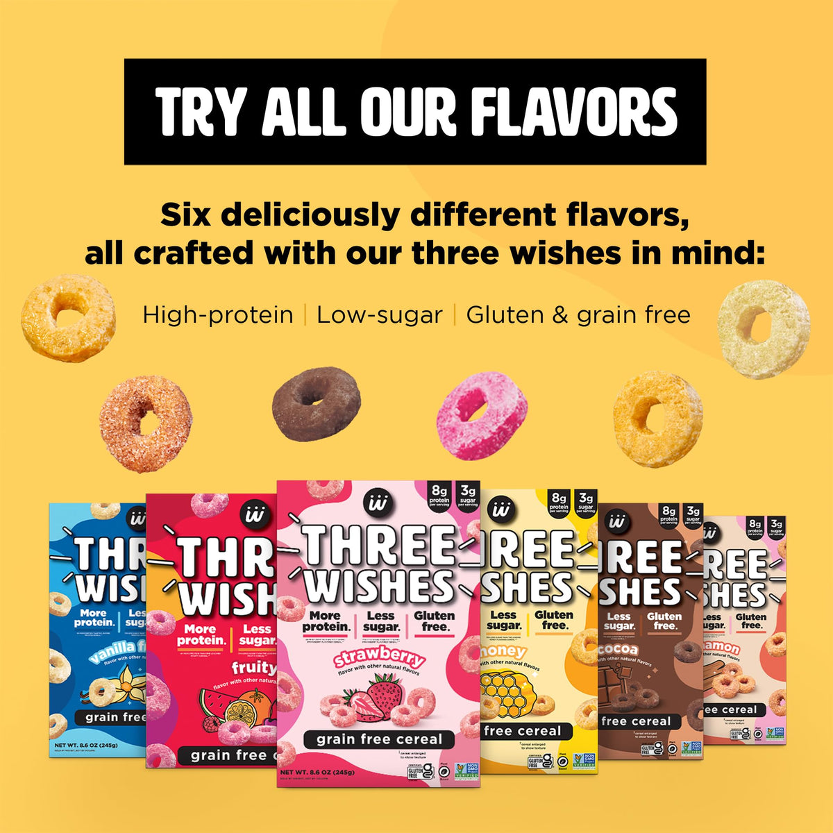 Three Wishes grain-free protein cereal Fruity flavor box brings fruity flavor with a protein boost.