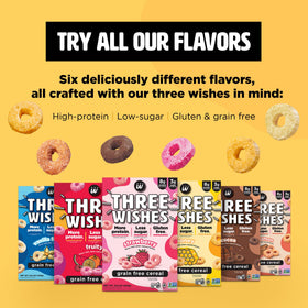 Three Wishes grain-free protein cereal Fruity flavor box brings fruity flavor with a protein boost.