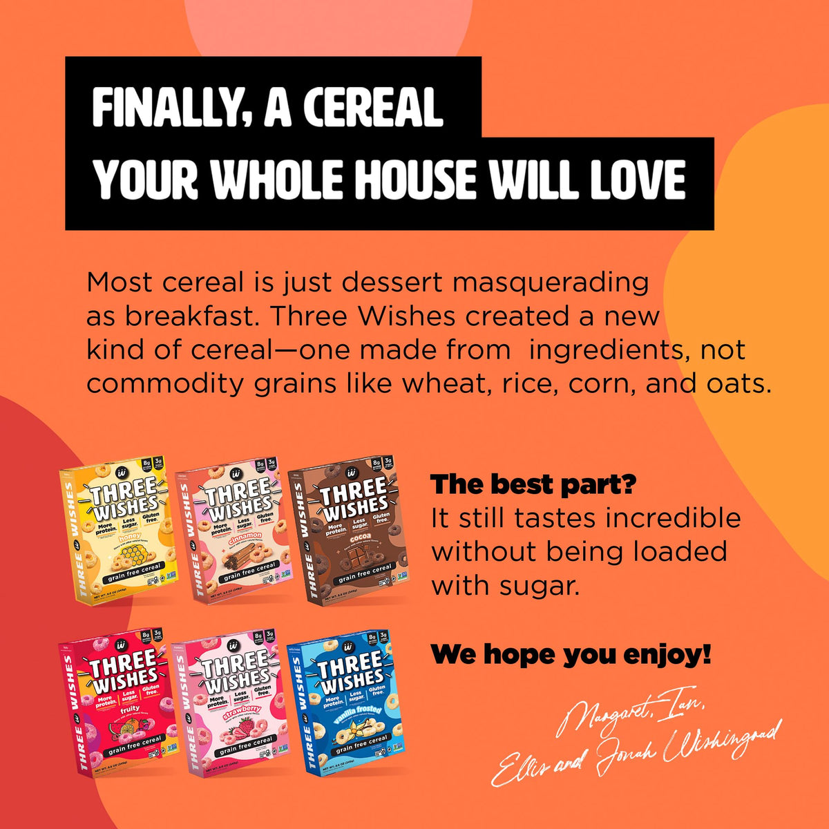 Three Wishes variety-pack box shows six flavors for versatile mornings.