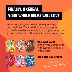 Three Wishes variety-pack box shows six flavors for versatile mornings.