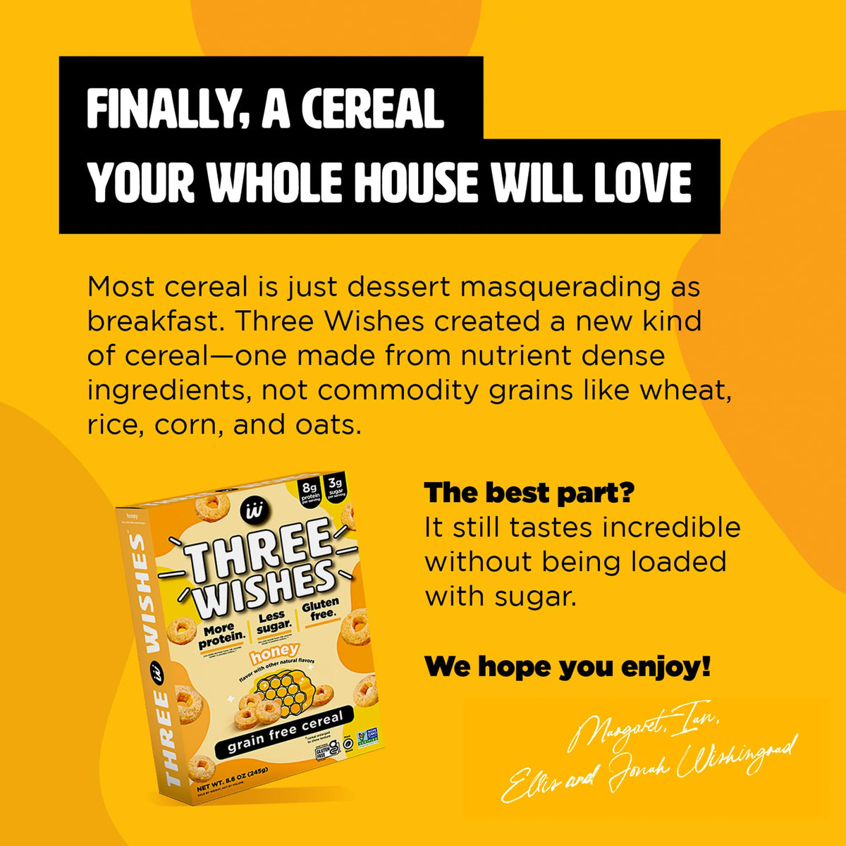 Three Wishes Honey cereal gluten-free label with easy-to-spot certification.