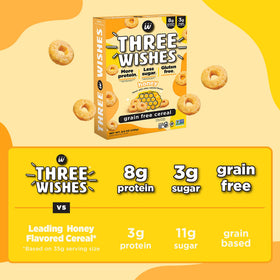 Three Wishes Honey cereal ingredients panel emphasizing protein and clean, plant-based nutrition.