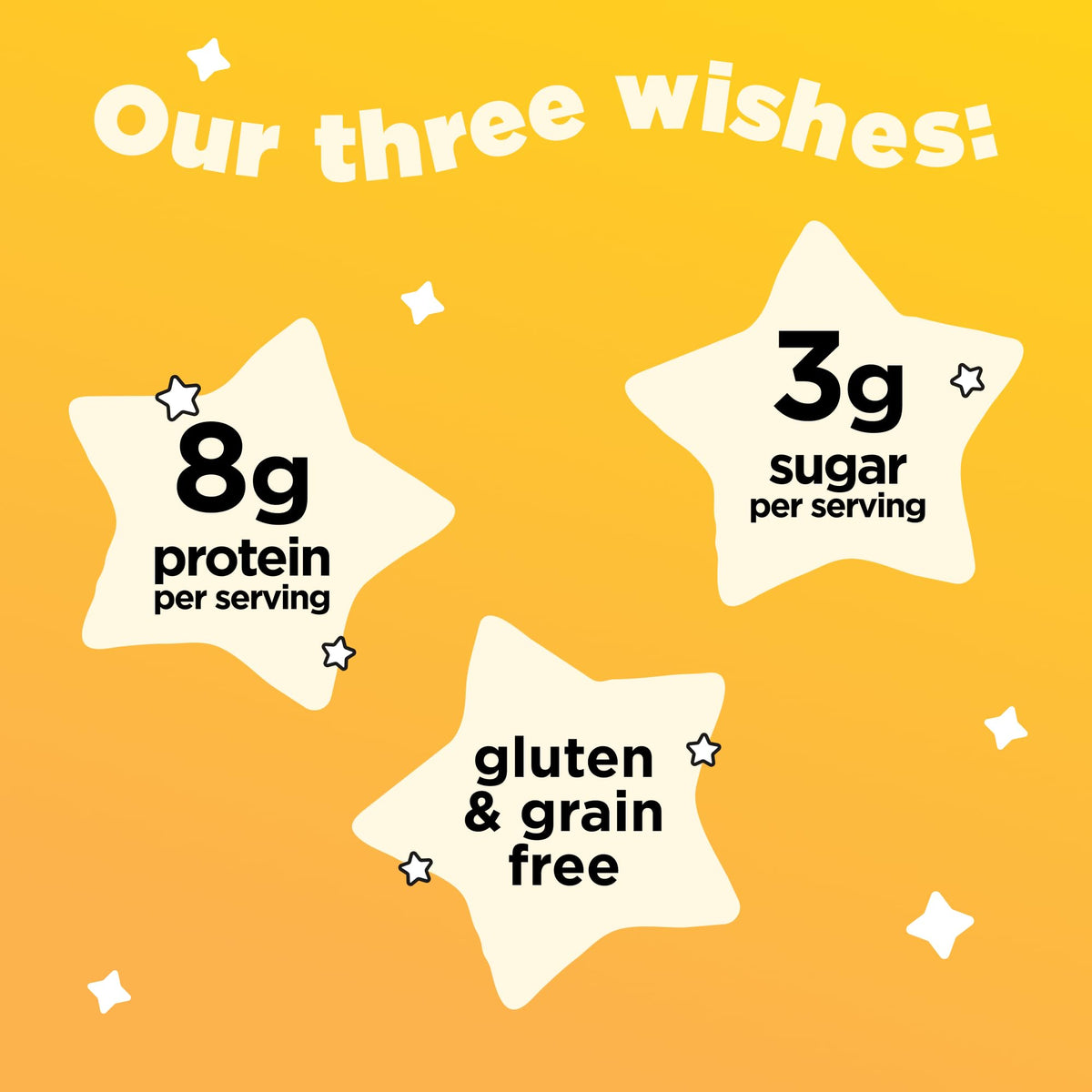 Three Wishes Honey cereal pack front showing gluten-free, vegan-friendly formulation.