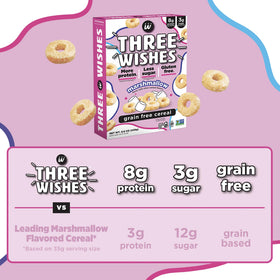 Three Wishes Marshmallow Cereal closeup highlights plant-based ingredients like chickpeas and pea protein.