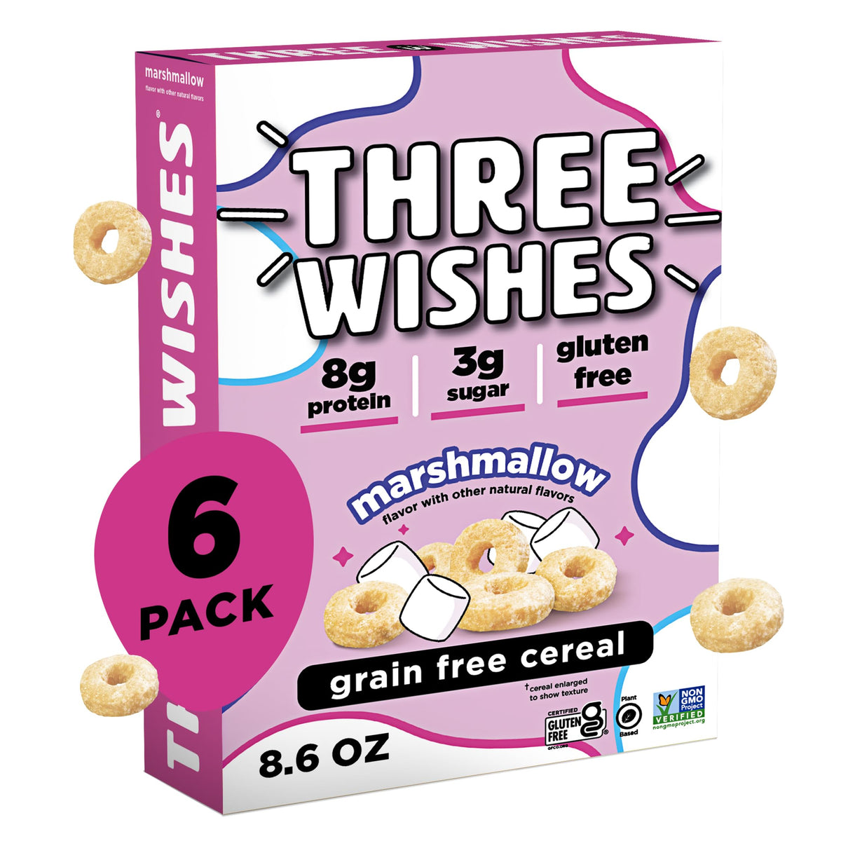 Three Wishes Marshmallow Cereal packaging shows a convenient six-pack for on-the-go mornings.