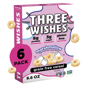 Three Wishes Marshmallow Cereal packaging shows a convenient six-pack for on-the-go mornings.