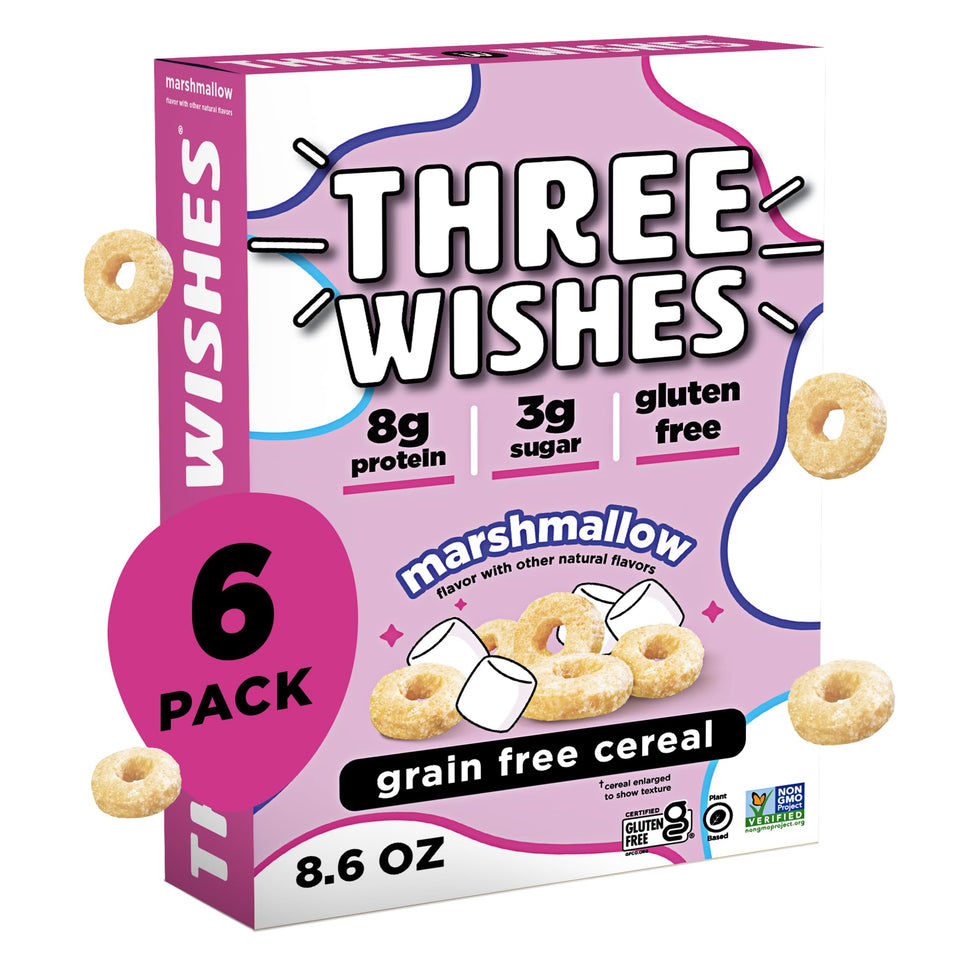 Three Wishes Marshmallow Cereal packaging shows a convenient six-pack for on-the-go mornings.