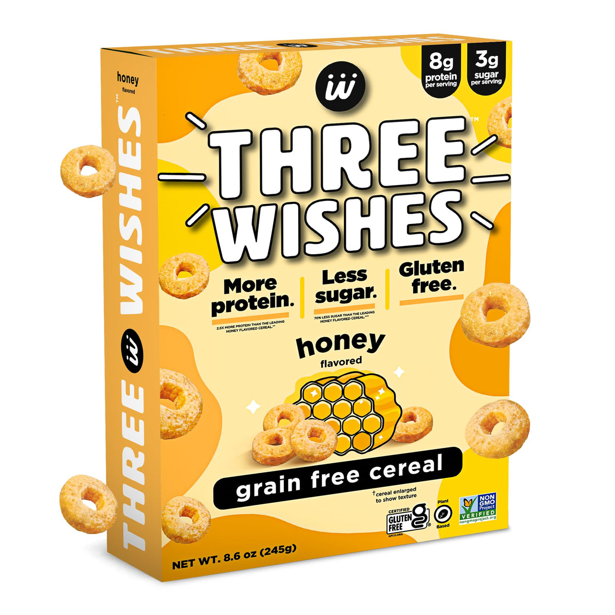Three Wishes protein breakfast cereal honey pack shot for a high-protein morning