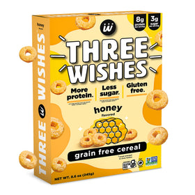Three Wishes protein breakfast cereal honey pack shot for a high-protein morning