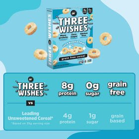 Three Wishes unsweetened cereal pack shot highlighting zero sugar and gluten-free claim.