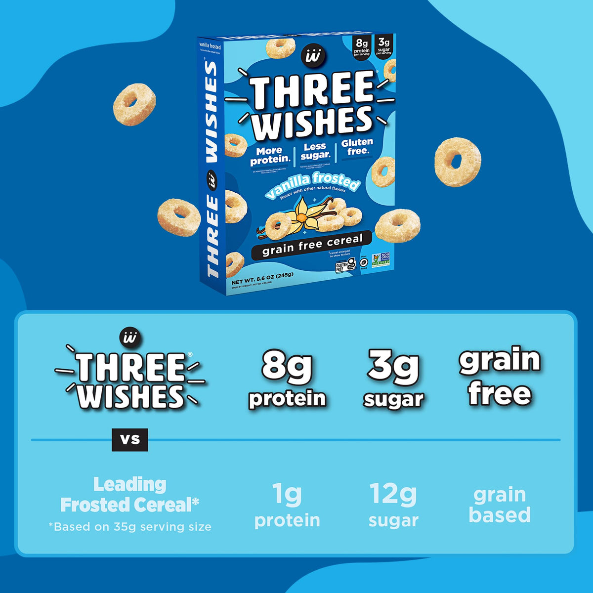Three Wishes Vanilla Frosted cereal six-pack box ideal for family mornings.