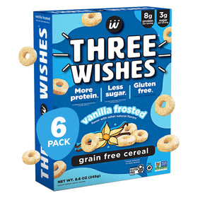 Three Wishes Vanilla Frosted cereal box front showing gluten-free, grain-free breakfast option.