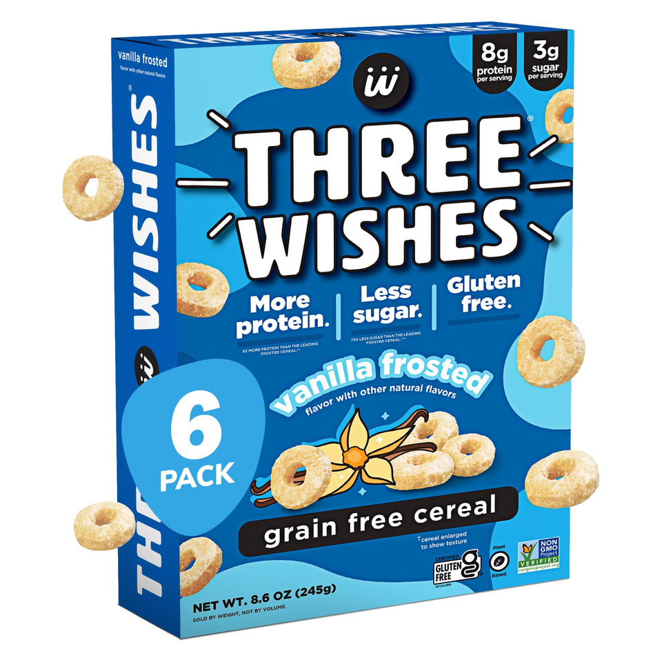 Three Wishes Vanilla Frosted cereal box front showing gluten-free, grain-free breakfast option.