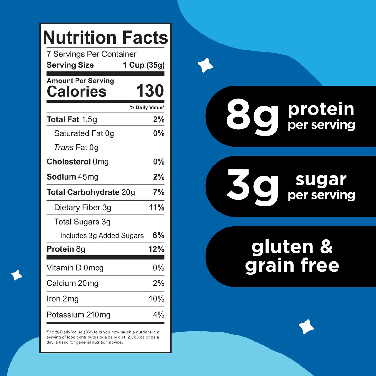 Three Wishes Vanilla Frosted cereal close-up highlighting natural ingredients and low sugar.