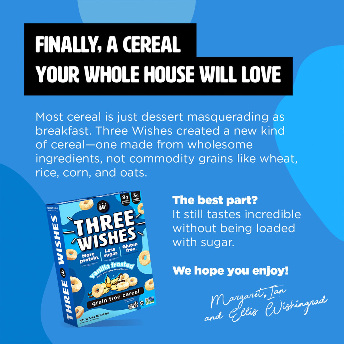 Three Wishes Vanilla Frosted packaging design reflects clean, kid-friendly branding.