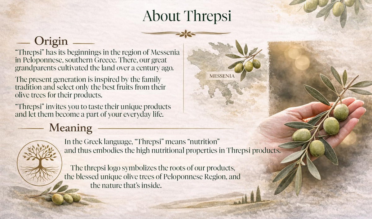Threpsi Olive oil label detail communicates organic certification and provenance.