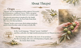 Threpsi Olive oil label detail communicates organic certification and provenance.