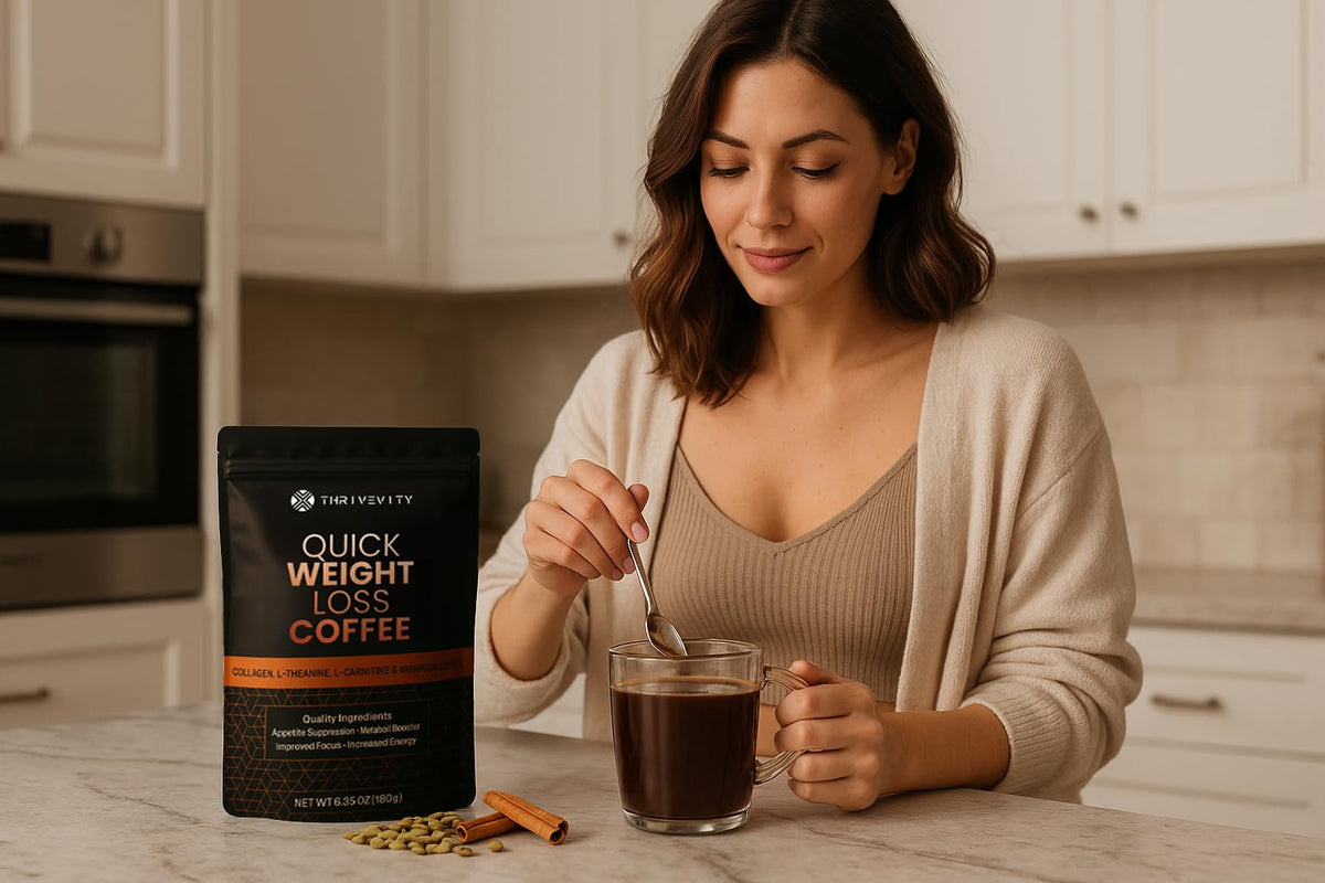 Thrivevity Instant Mushroom Coffee coconut powder package showcases dairy-free richness.