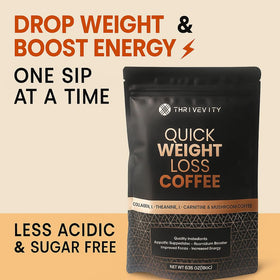Thrivevity Instant Mushroom Coffee coconut powder scoop highlights keto-friendly energy without jitters.