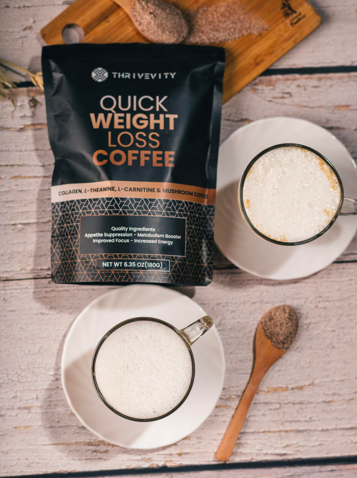 Thrivevity Instant Mushroom Coffee lab-tested seal conveys purity and safety.