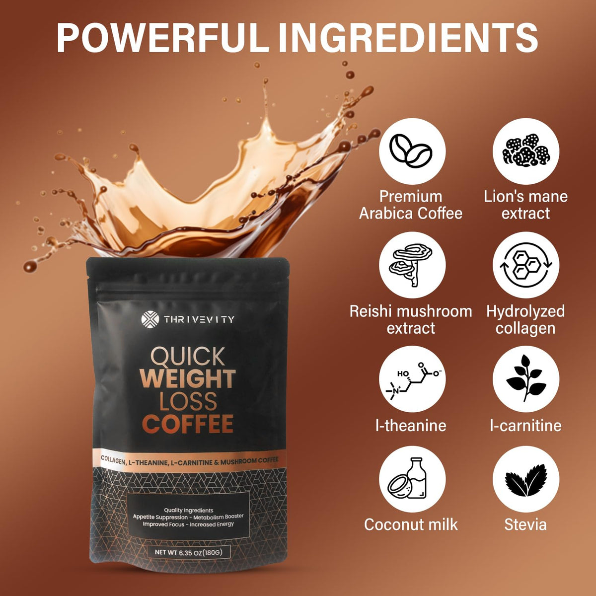 Thrivevity Instant Mushroom Coffee pour over mug with creamy coconut notes and smooth focus.