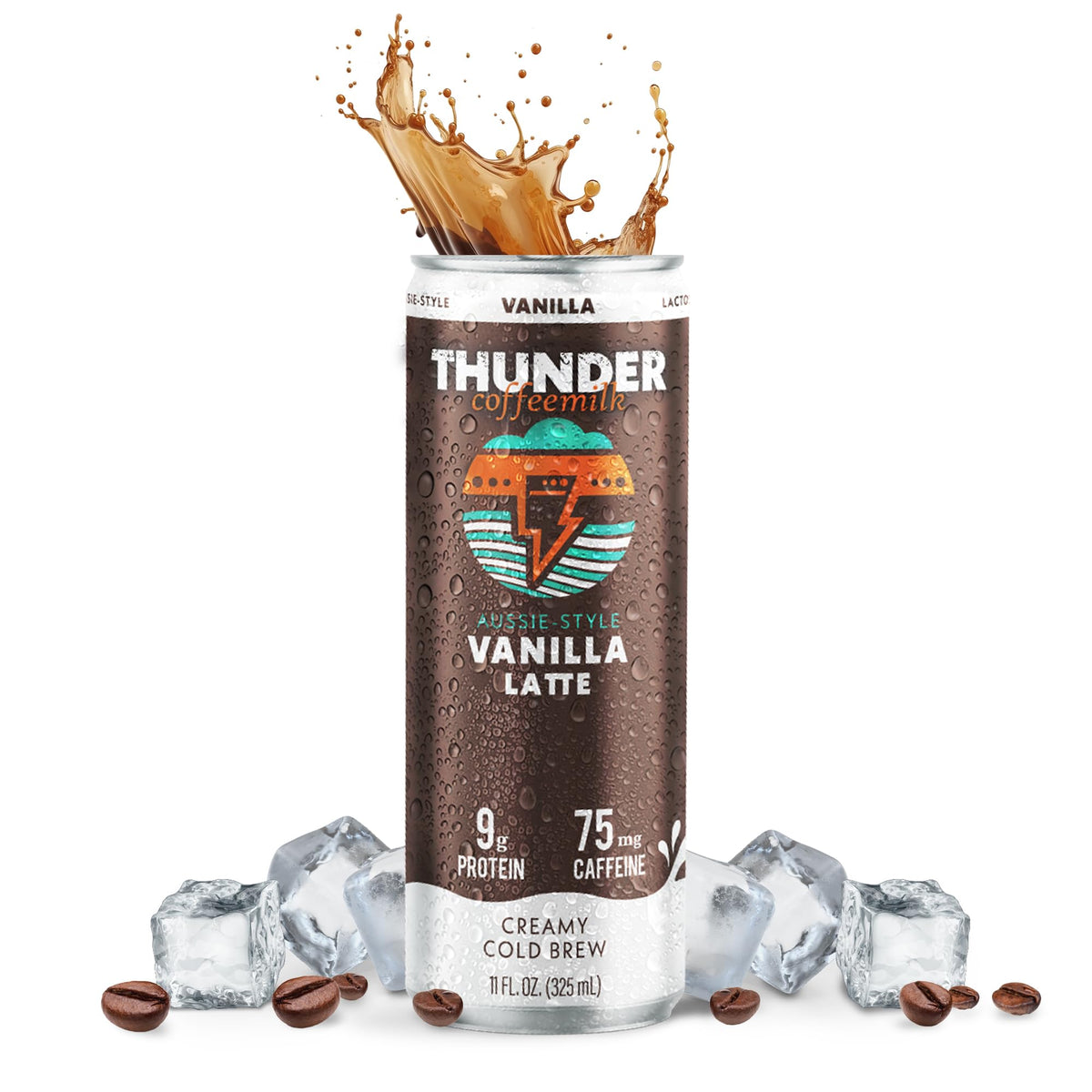 Thunder Coffeemilk vanilla iced coffee can showing creamy latte, ideal for on-the-go mornings