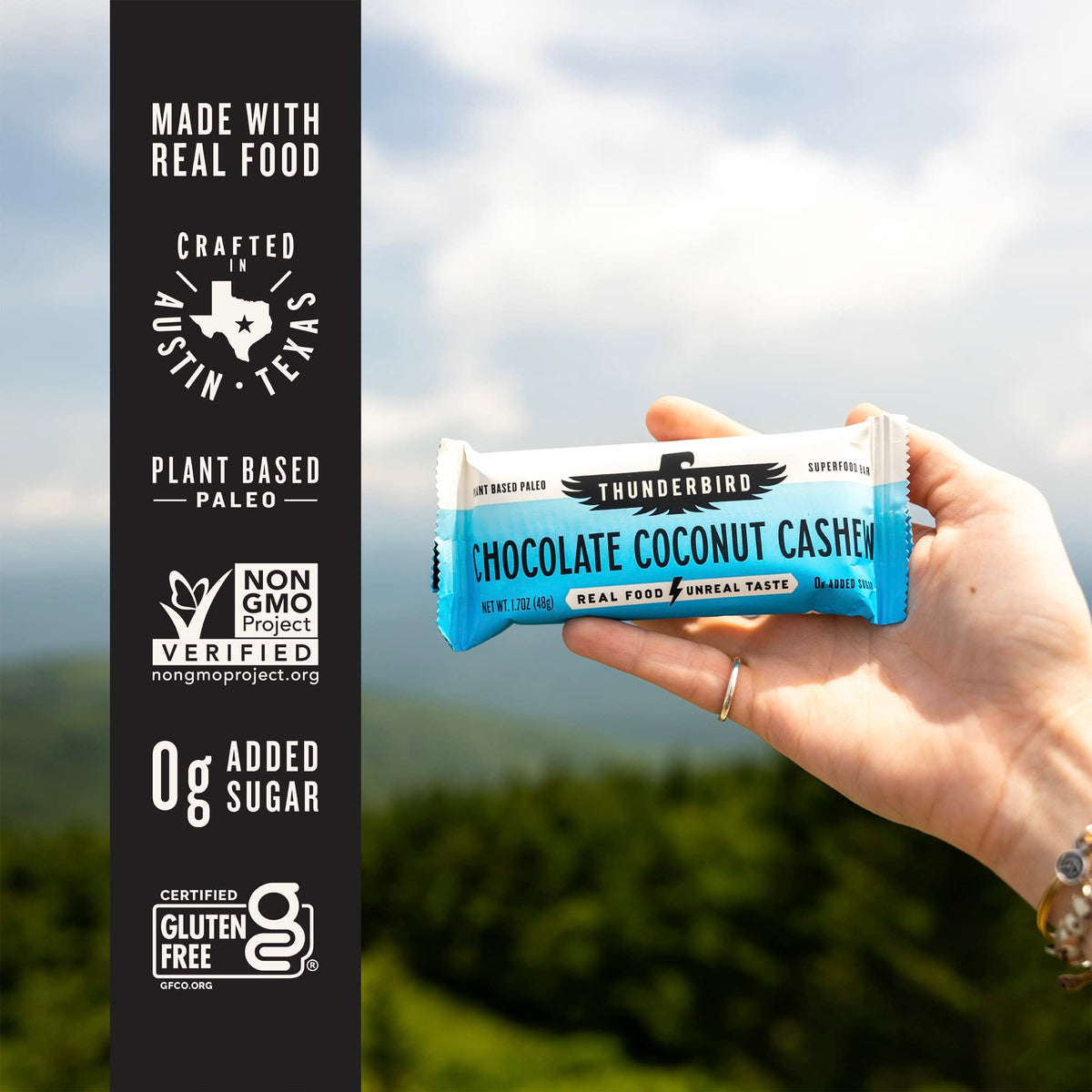 Thunderbird Real Food Bars packaging badges highlight gluten-free paleo vegan.